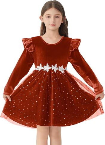 Toddler Velvet Dress Sleeves Girls Long Sleeve Christmas Dress with with Floral Waist Size 3-8 Years in Saudi Arabia