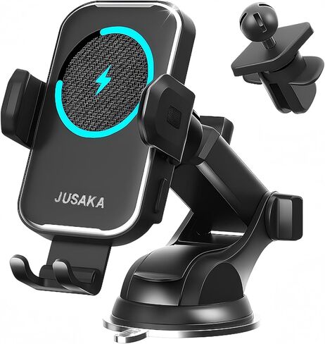 Wireless Car Charger, 15W Fast Charging Auto Clamping Car Phone Holder Mount, [Vent Clip+Suction Cup] Car Phone Mount Accessories Compatible iPhone 15/14/13/12, Samsung Galaxy Series, etc in Saudi Arabia