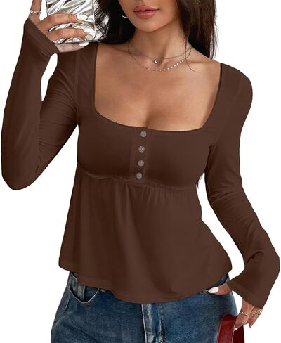 Women Cute Picot Trim Peplum Crop Babydoll Tops Y2k Front Button Down Square Neck Long Sleeve Cropped T Shirts in Saudi Arabia