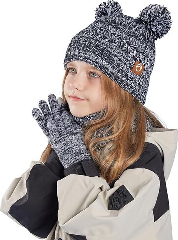 Happy Cherry Kids Winter Scarf Hat and Gloves Set Girls Boys Fleece Beanie with Pom Knit Neck Warmer Mittens Sets Age 4-10 Y in Saudi Arabia