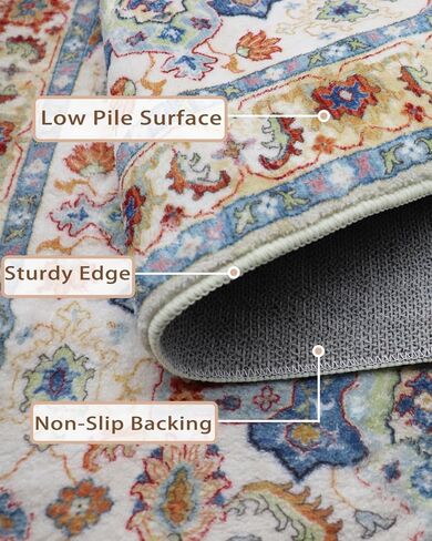 سجادة صغيرة 2 × 3 للمدخل، سجادة بوهو برتقالية وزرقاء عتيقة غير قابلة للانزلاق وقابلة للغسل، سجادة ناعمة منخفضة الوبر للباب الأمامي الداخلي لغرفة نوم المطبخ المدخل (أزرق/برتقالي، 2 × 3 بوصة (مستطيلة)) in Kuwait