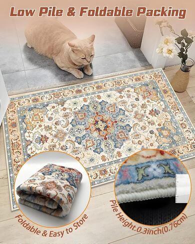 سجادة صغيرة 2 × 3 للمدخل، سجادة بوهو برتقالية وزرقاء عتيقة غير قابلة للانزلاق وقابلة للغسل، سجادة ناعمة منخفضة الوبر للباب الأمامي الداخلي لغرفة نوم المطبخ المدخل (أزرق/برتقالي، 2 × 3 بوصة (مستطيلة)) in Kuwait