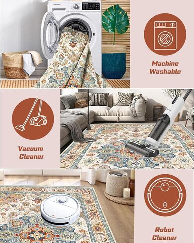 سجادة صغيرة 2 × 3 للمدخل، سجادة بوهو برتقالية وزرقاء عتيقة غير قابلة للانزلاق وقابلة للغسل، سجادة ناعمة منخفضة الوبر للباب الأمامي الداخلي لغرفة نوم المطبخ المدخل (أزرق/برتقالي، 2 × 3 بوصة (مستطيلة)) in Kuwait