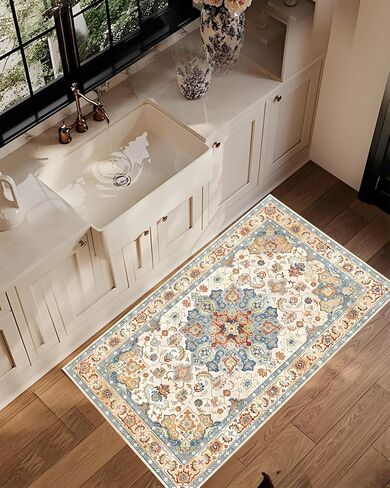 سجادة صغيرة 2 × 3 للمدخل، سجادة بوهو برتقالية وزرقاء عتيقة غير قابلة للانزلاق وقابلة للغسل، سجادة ناعمة منخفضة الوبر للباب الأمامي الداخلي لغرفة نوم المطبخ المدخل (أزرق/برتقالي، 2 × 3 بوصة (مستطيلة)) in Kuwait