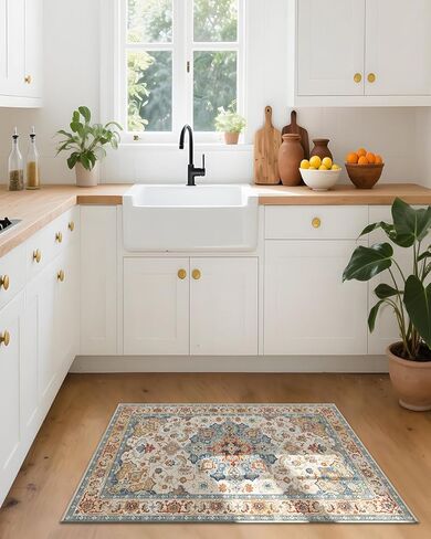 سجادة صغيرة 2 × 3 للمدخل، سجادة بوهو برتقالية وزرقاء عتيقة غير قابلة للانزلاق وقابلة للغسل، سجادة ناعمة منخفضة الوبر للباب الأمامي الداخلي لغرفة نوم المطبخ المدخل (أزرق/برتقالي، 2 × 3 بوصة (مستطيلة)) in Kuwait