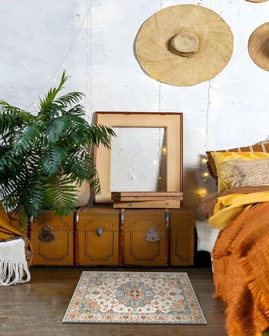 سجادة صغيرة 2 × 3 للمدخل، سجادة بوهو برتقالية وزرقاء عتيقة غير قابلة للانزلاق وقابلة للغسل، سجادة ناعمة منخفضة الوبر للباب الأمامي الداخلي لغرفة نوم المطبخ المدخل (أزرق/برتقالي، 2 × 3 بوصة (مستطيلة)) in Kuwait