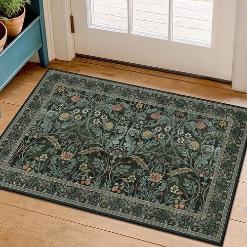 Dark Green 2x6 Washable Kitchen Runner Rugs Non Skid - Soft Thin Runners Non Slip for Hallway, Bathroom, Entryway, Vintage Floral Low Pile Stain Resistant Floor Carpet in Saudi Arabia