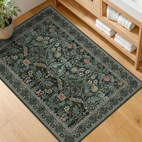 Dark Green 2x6 Washable Kitchen Runner Rugs Non Skid - Soft Thin Runners Non Slip for Hallway, Bathroom, Entryway, Vintage Floral Low Pile Stain Resistant Floor Carpet in Saudi Arabia