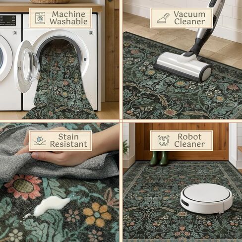 Dark Green 2x6 Washable Kitchen Runner Rugs Non Skid - Soft Thin Runners Non Slip for Hallway, Bathroom, Entryway, Vintage Floral Low Pile Stain Resistant Floor Carpet in Saudi Arabia