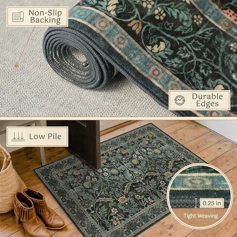 Dark Green 2x6 Washable Kitchen Runner Rugs Non Skid - Soft Thin Runners Non Slip for Hallway, Bathroom, Entryway, Vintage Floral Low Pile Stain Resistant Floor Carpet in Saudi Arabia