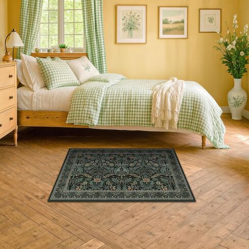 Dark Green 2x6 Washable Kitchen Runner Rugs Non Skid - Soft Thin Runners Non Slip for Hallway, Bathroom, Entryway, Vintage Floral Low Pile Stain Resistant Floor Carpet in Saudi Arabia