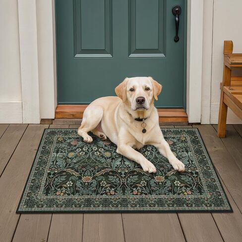 Dark Green 2x6 Washable Kitchen Runner Rugs Non Skid - Soft Thin Runners Non Slip for Hallway, Bathroom, Entryway, Vintage Floral Low Pile Stain Resistant Floor Carpet in Saudi Arabia