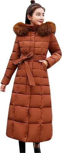 Women's Long Down Winter Coat with Faux Fur Hood Pockets Maxi Length Parka Warm Puffer Jacket in Saudi Arabia