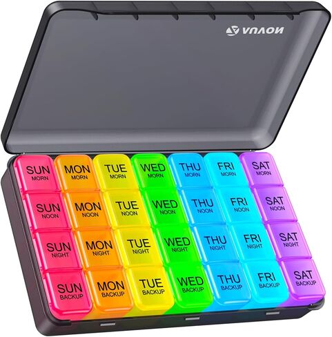 AUVON Weekly Pill Organizer 4 Times a Day in 7 Colors with Face-Up Labels for Easy Organization, Portable AM PM Pill Box 7 Day with Dual Protection Keeps Medications, Vitamins, Fish Oils from Spills in Saudi Arabia