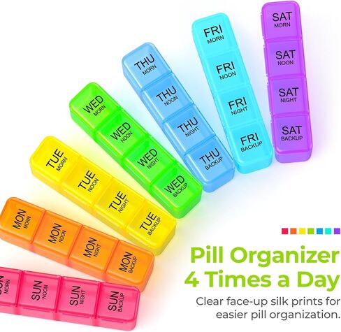 AUVON Weekly Pill Organizer 4 Times a Day in 7 Colors with Face-Up Labels for Easy Organization, Portable AM PM Pill Box 7 Day with Dual Protection Keeps Medications, Vitamins, Fish Oils from Spills in Saudi Arabia