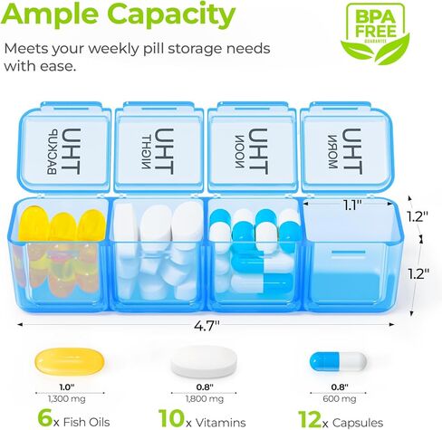 AUVON Weekly Pill Organizer 4 Times a Day in 7 Colors with Face-Up Labels for Easy Organization, Portable AM PM Pill Box 7 Day with Dual Protection Keeps Medications, Vitamins, Fish Oils from Spills in Saudi Arabia