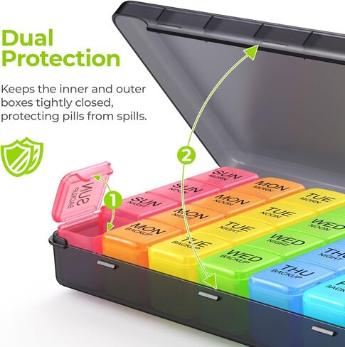 AUVON Weekly Pill Organizer 4 Times a Day in 7 Colors with Face-Up Labels for Easy Organization, Portable AM PM Pill Box 7 Day with Dual Protection Keeps Medications, Vitamins, Fish Oils from Spills in Saudi Arabia