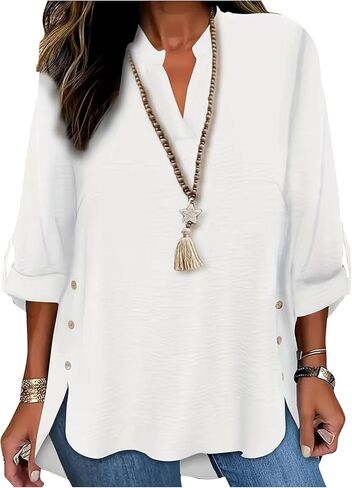 Summer Tops for Women Trendy V-Neck 3/4 Sleeve Tops Loose Casual Side Split Blouses Lightweight Beach Clothes 2026 in Saudi Arabia