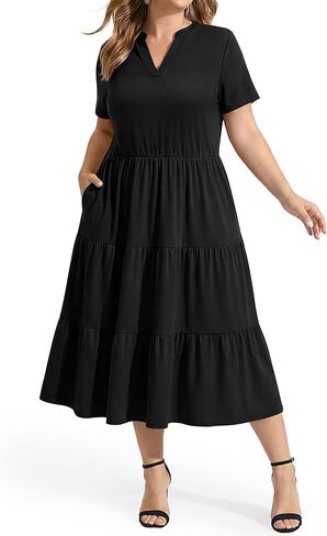 IN'VOLAND Women Plus Size Summer Dresses V Neck Short Sleeve Midi Dress with Pockets Flowy A-line Tiered Beach Sundress 1X-5X in Saudi Arabia