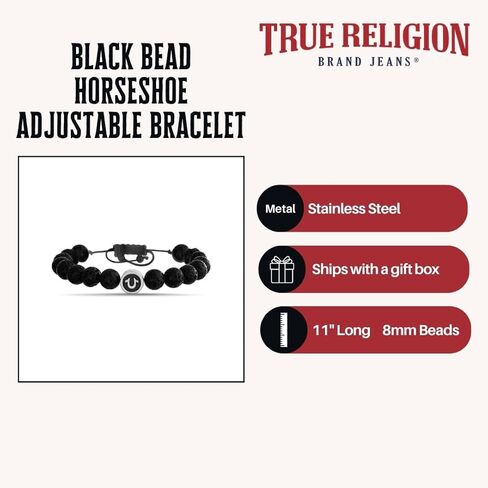 True Religion 8mm Black Bead Horseshoe 11 Inch Long Adjustable Bracelet for Men Stainless Steel in Saudi Arabia