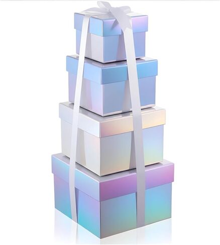 Fulmoon 5 Pcs Holographic Sliver Square Nesting Gift Boxes with Lids Set 5 Assorted Sizes Laser Stacking Boxes with Ribbon for Wedding Festival Birthday Party Presents Keepsake in Kuwait