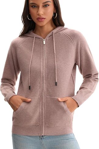 Froggirl Women's Zip Up Knit Hoodie Sweater with Drawstring –Long Sleeve Loose fit Cardigan Jacket with Front Pockets in Saudi Arabia