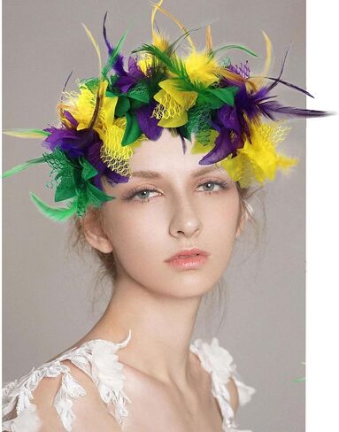 عصابة رأس ماردي جراس، عصابة رأس من ريش ماردي جراس على شكل زهرة أرجواني أصفر وأخضر، إكسسوار شعر لعصابة رأس الهالوين in Kuwait