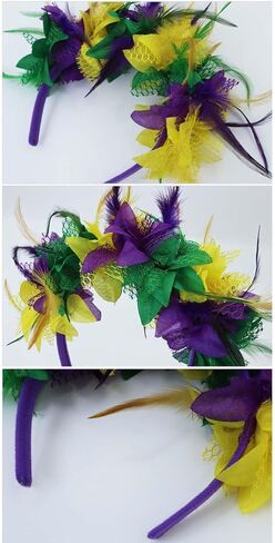 عصابة رأس ماردي جراس، عصابة رأس من ريش ماردي جراس على شكل زهرة أرجواني أصفر وأخضر، إكسسوار شعر لعصابة رأس الهالوين in Kuwait