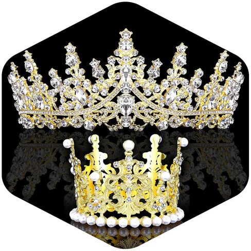 2Pcs Gold Crown Set - Crystal & Pearl-Embellished Tiara for Women, Ideal for Birthday Party, Prom & Special Events in Saudi Arabia