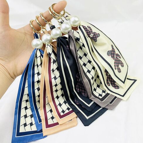 Plaid Scarf Bag Charm, Fashin Pearl Keychain for Purse Handbags Bag Accessories Charms Key Charms in Saudi Arabia
