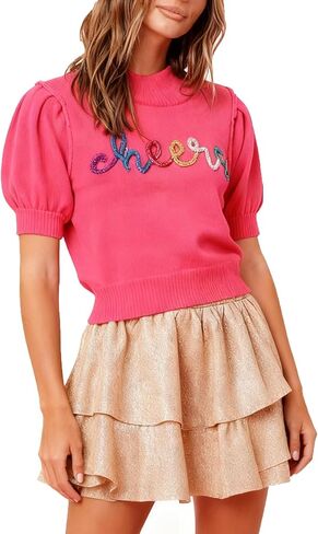 Women Puff Short Sleeve Sweater Casual Cropped Knit Shirts Cute Sparkle Holiday Graphic Print Pullover Jumper Tops in Saudi Arabia