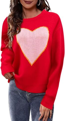 Heart Sweater for Women Winter Cute Long Sleeve Valentine's Day Knitted Pullover Jumper Tops in Saudi Arabia