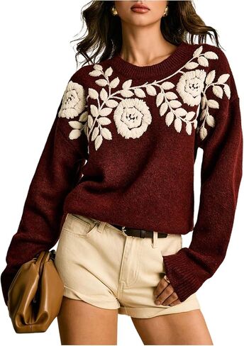 Verdusa Women's Vintage Floral Sweater Cozy Oversized Sweaters Embroidery Boho Chic Knit Pullover Tops in Saudi Arabia