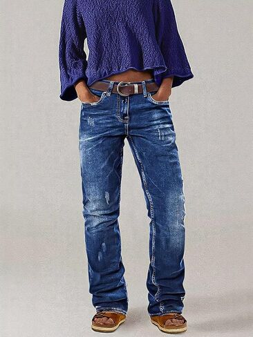 Flamingals Women's Mid Waist Straight Leg Jeans Ripped Trendy Stretchy Wash Denim Jeans in Saudi Arabia