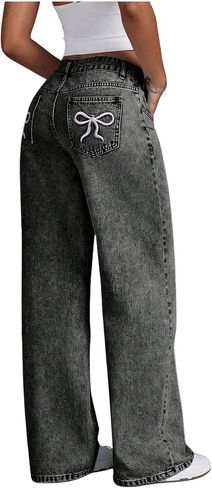 Women's Y2k Bow Low Rise Baggy Jeans 2025 Fall Embroidery Wide Leg Boyfriend Denim Pants in Saudi Arabia