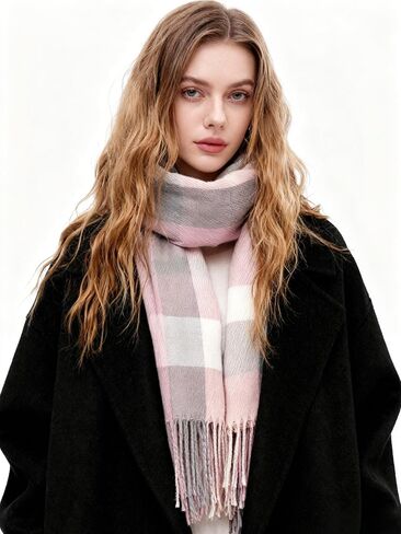 1 PCS Women's Cashmere Big Coloured Checked Scarf Winter Warm Wrap Scarf,Long Plaid Shawls and Wraps,Lightweight Ultra-SoftScarf - Perfect Holiday Gift for Men & Women,Winter/FallScarf(Pink) in Saudi Arabia