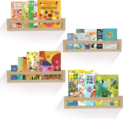 Kids Floating Shelves (Set of 4) - Wall-Mounted Book & Toy Storage, Display Ledges with Front Bar, Unfinished Natural Pine Wood for Nursery, Bedroom & Bathroom Decor (Natural Wood, 23.6") in Saudi Arabia