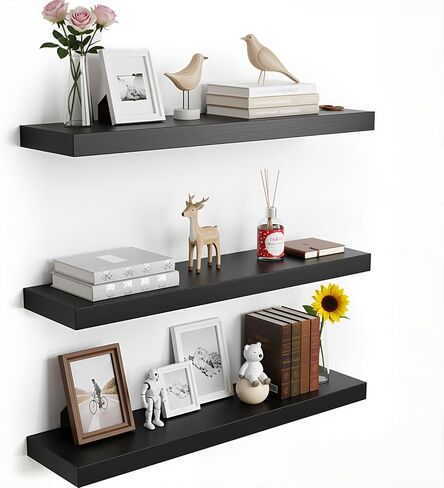 Floating Shelves for Wall, 23.6 inch Long Set of 3 Wood Rustic Wall Mounted Shelves, Display Shelf with Invisible Heavy, Large Deep Shelves for Home Decor & Storage for Living Room, Kitchen in Saudi Arabia