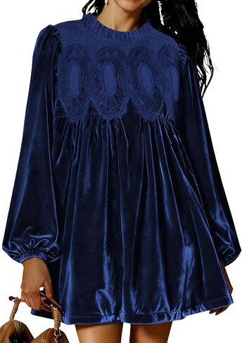 Huaqiao Womens A-Line Velvet Lace Overall Pleated Babydoll Mini Dress Casual Scallop Neck Flared Swing Dress in Saudi Arabia