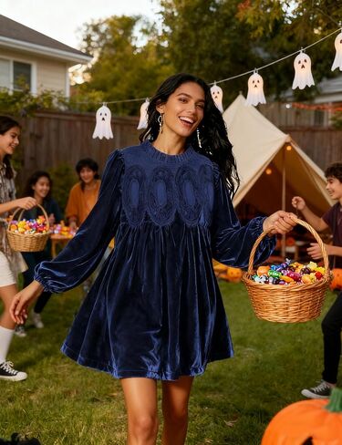 Huaqiao Womens A-Line Velvet Lace Overall Pleated Babydoll Mini Dress Casual Scallop Neck Flared Swing Dress in Saudi Arabia