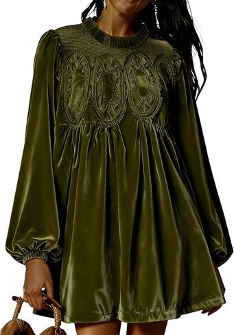 Huaqiao Womens A-Line Velvet Lace Overall Pleated Babydoll Mini Dress Casual Scallop Neck Flared Swing Dress in Saudi Arabia