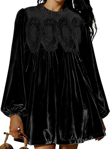 Huaqiao Womens A-Line Velvet Lace Overall Pleated Babydoll Mini Dress Casual Scallop Neck Flared Swing Dress in Saudi Arabia
