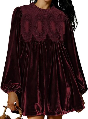 Huaqiao Womens A-Line Velvet Lace Overall Pleated Babydoll Mini Dress Casual Scallop Neck Flared Swing Dress in Saudi Arabia