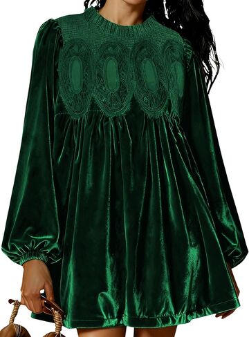 Huaqiao Womens A-Line Velvet Lace Overall Pleated Babydoll Mini Dress Casual Scallop Neck Flared Swing Dress in Saudi Arabia