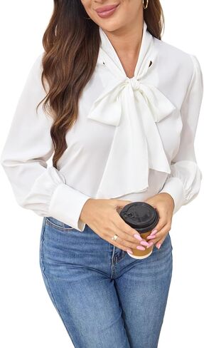 Women's Elegant Bow Tie Blouses Long Sleeve Casual Office Chiffon Shirt Business Work Tops in Saudi Arabia