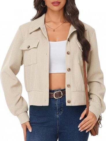 Women Cropped Corduroy Shacket Casual Button Down Jacket Long Sleeve Fashion 2025 Trendy Collared Outfit Fall Winter in Saudi Arabia