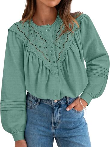 ZESICA 2026 Spring Summer Long Puff Sleeve Babydoll Tops for Women Lace Crochet Button Down Boho Victorian Shirts in Saudi Arabia