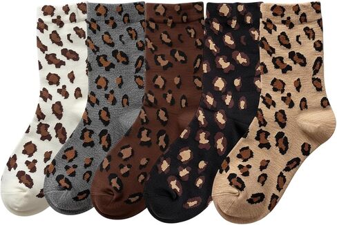 5-Pack Fashion Crew Socks, Leopard Socks Women, Cheetah Print Socks, Soft Breathable Material, One Size Fits Most in Saudi Arabia