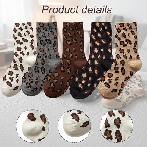 5-Pack Fashion Crew Socks, Leopard Socks Women, Cheetah Print Socks, Soft Breathable Material, One Size Fits Most in Saudi Arabia