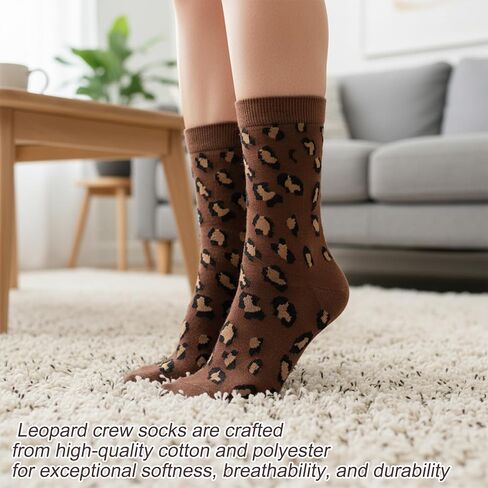 5-Pack Fashion Crew Socks, Leopard Socks Women, Cheetah Print Socks, Soft Breathable Material, One Size Fits Most in Saudi Arabia